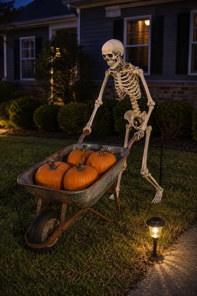Skeleton pushing a wheelbarrow filled with pumpkins across front lawn