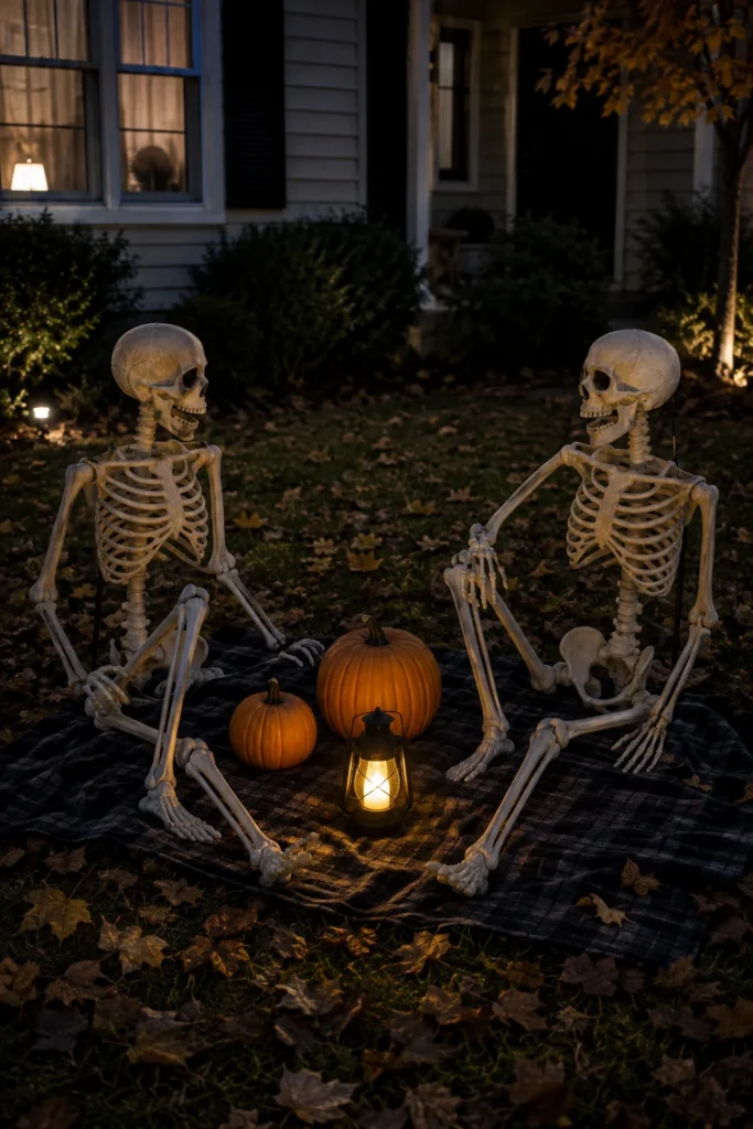 Two Halloween skeletons seated together for a funny outdoor picnic