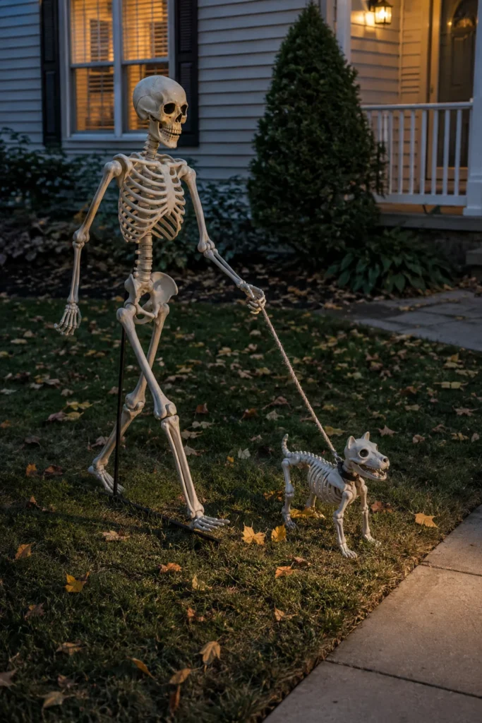 Full size Halloween skeleton walking a small skeleton dog on leash