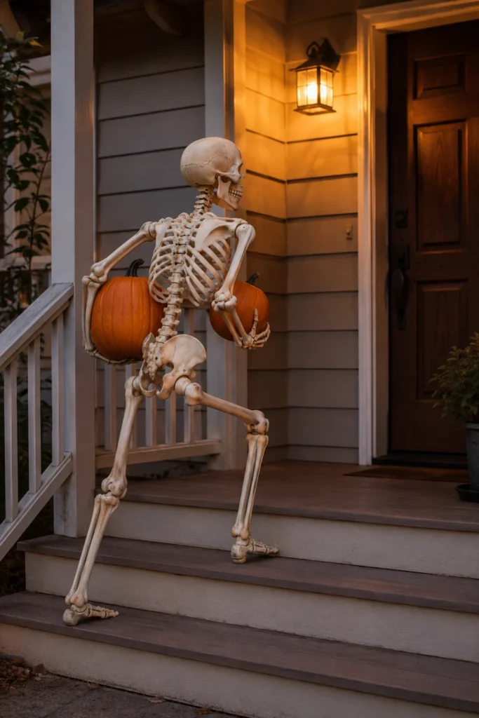 Halloween skeleton carrying orange pumpkins up outdoor porch steps