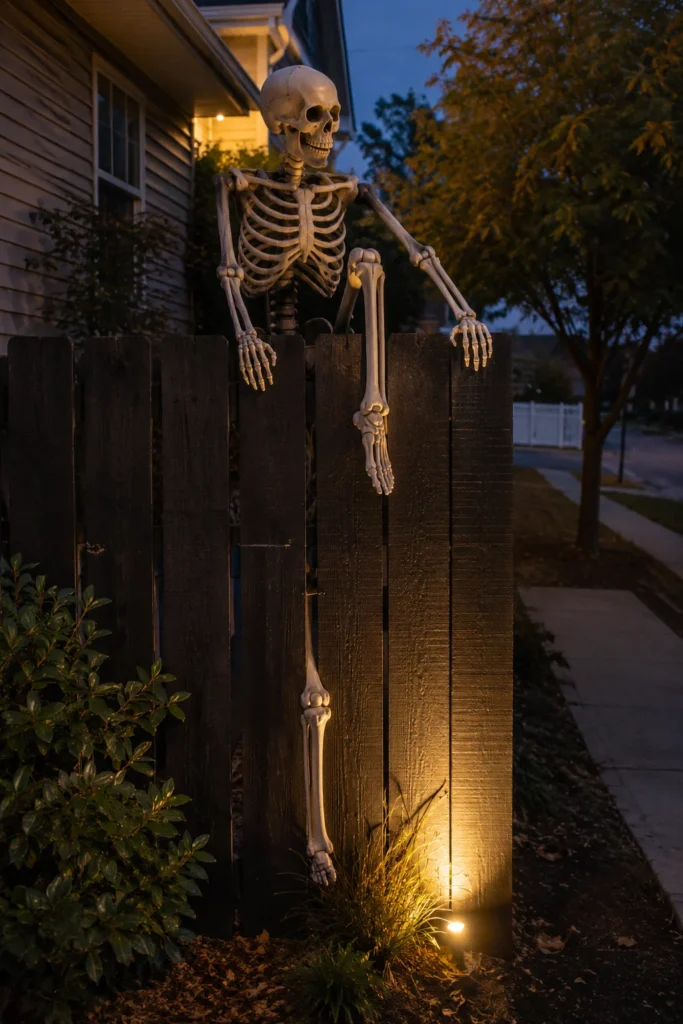 Halloween skeleton climbing over wooden fence in an escape pose