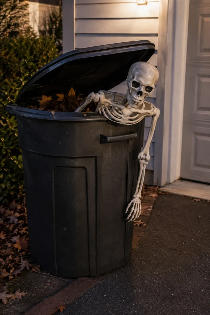 Funny Halloween skeleton leaning out of a large outdoor trash can