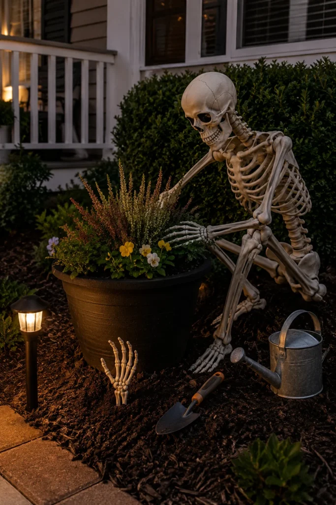 Halloween skeleton gardener tending plants beside outdoor flower planter