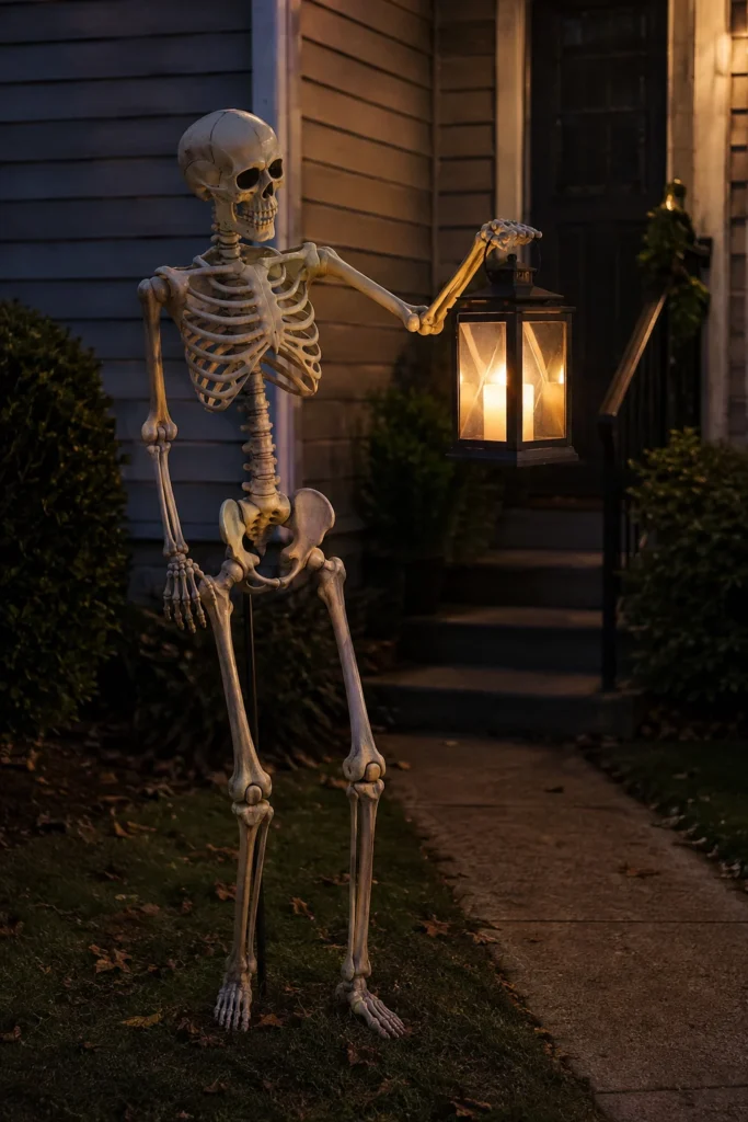 Standing Halloween skeleton holding glowing lantern beside front yard walkway