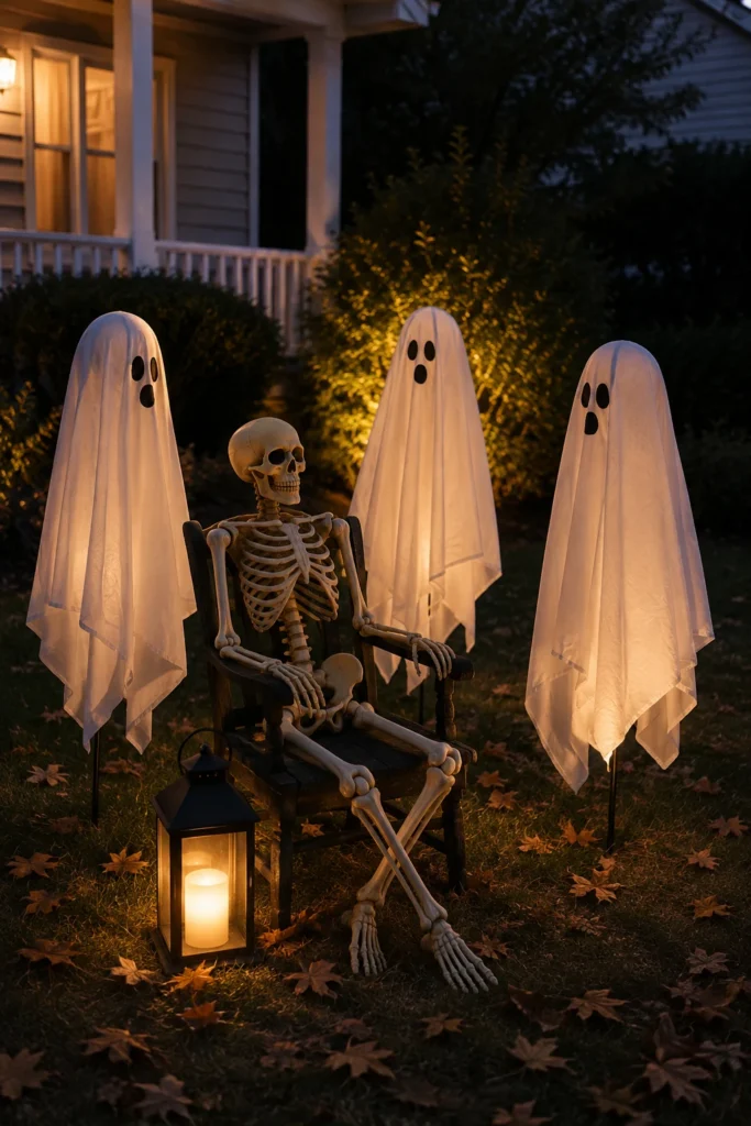 Halloween skeleton surrounded by three white sheet ghosts in front yard