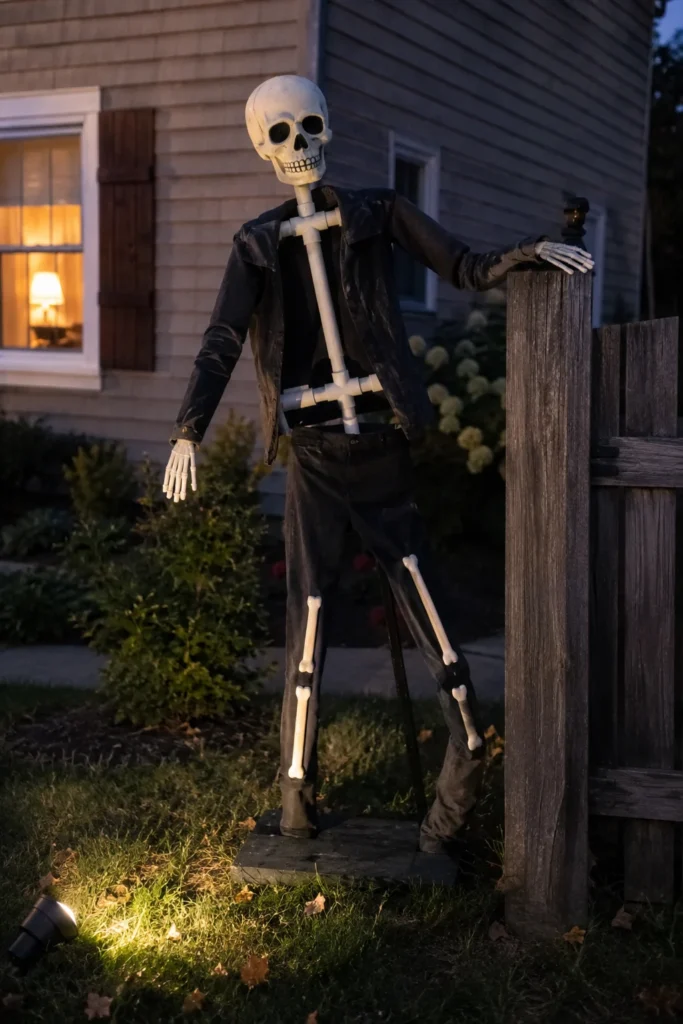 Homemade Halloween skeleton silhouette built with lightweight PVC frame