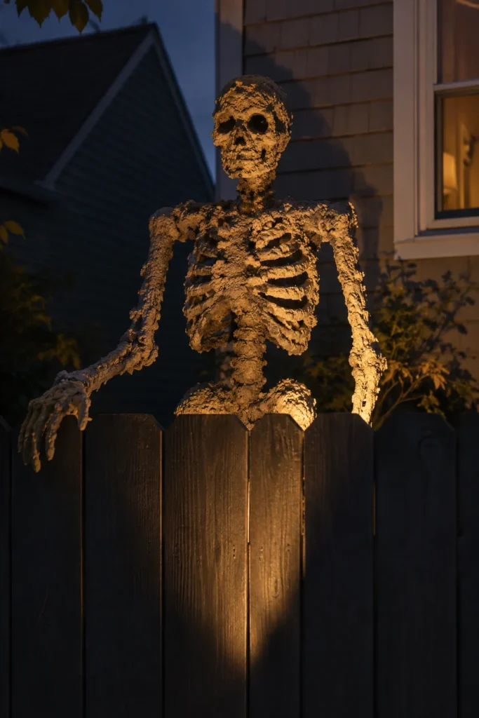 Weathered spray foam Halloween skeleton prop rising behind yard fence