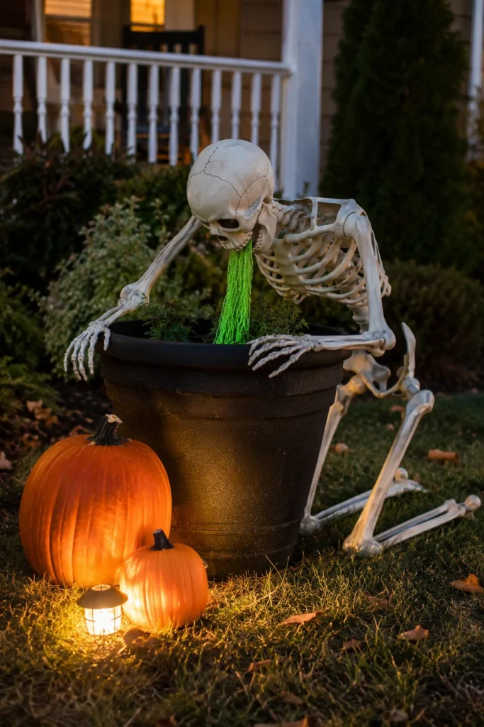 Funny puking Halloween skeleton leaning over planter with green fabric