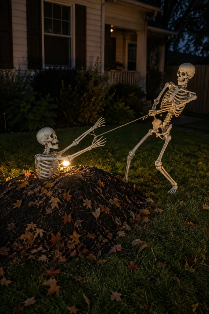 Two Halloween skeletons acting out an escape from a faux grave