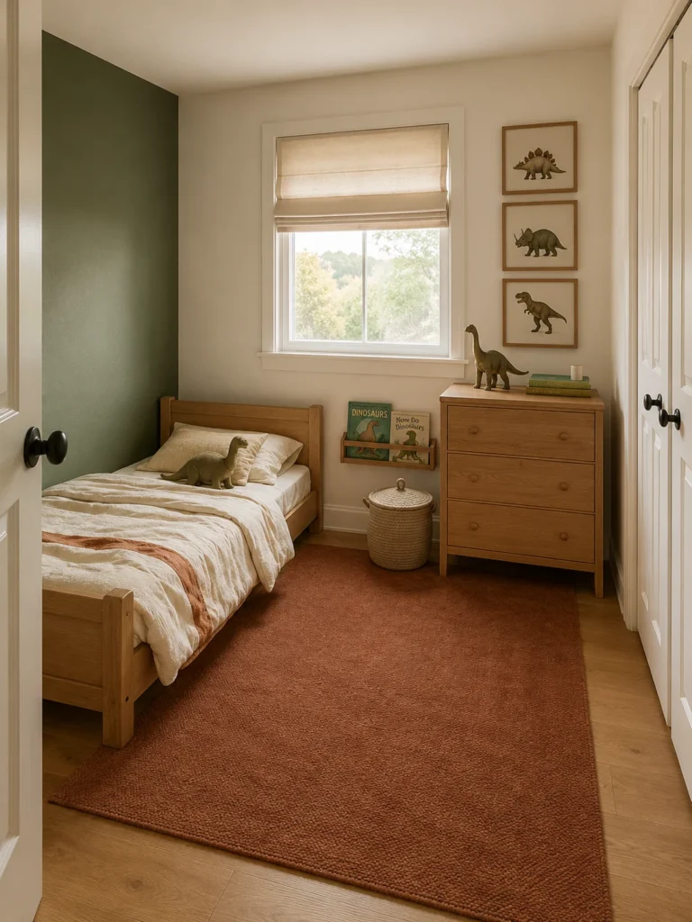 Earthy dinosaur toddler bedroom with moss green walls, oak furniture, rust accents, and dinosaur illustrations.