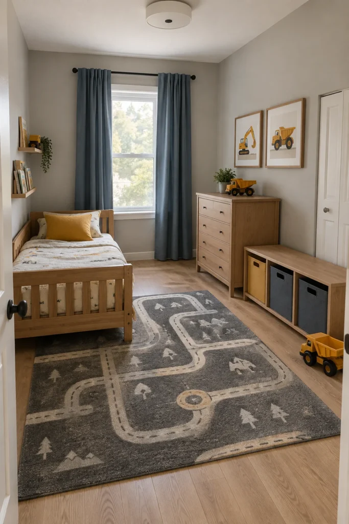 Construction-themed toddler bedroom with road-pattern rug, mustard storage, wooden trucks, and muted blue bedding.