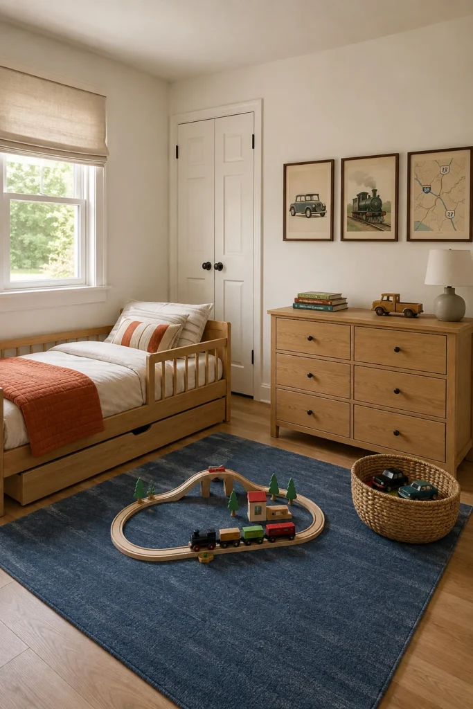Vintage transportation toddler bedroom with car and train artwork, denim blue rug, and natural wood furniture.