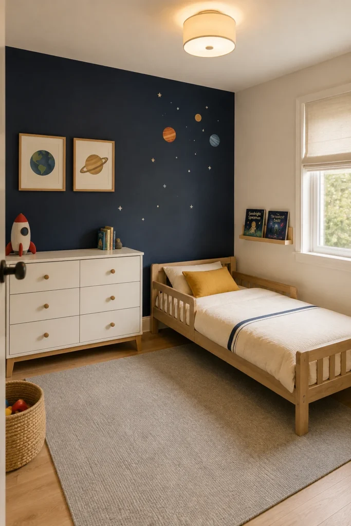 Outer-space toddler bedroom with deep blue accent wall, planet decorations, cream bedding, and oak furniture.