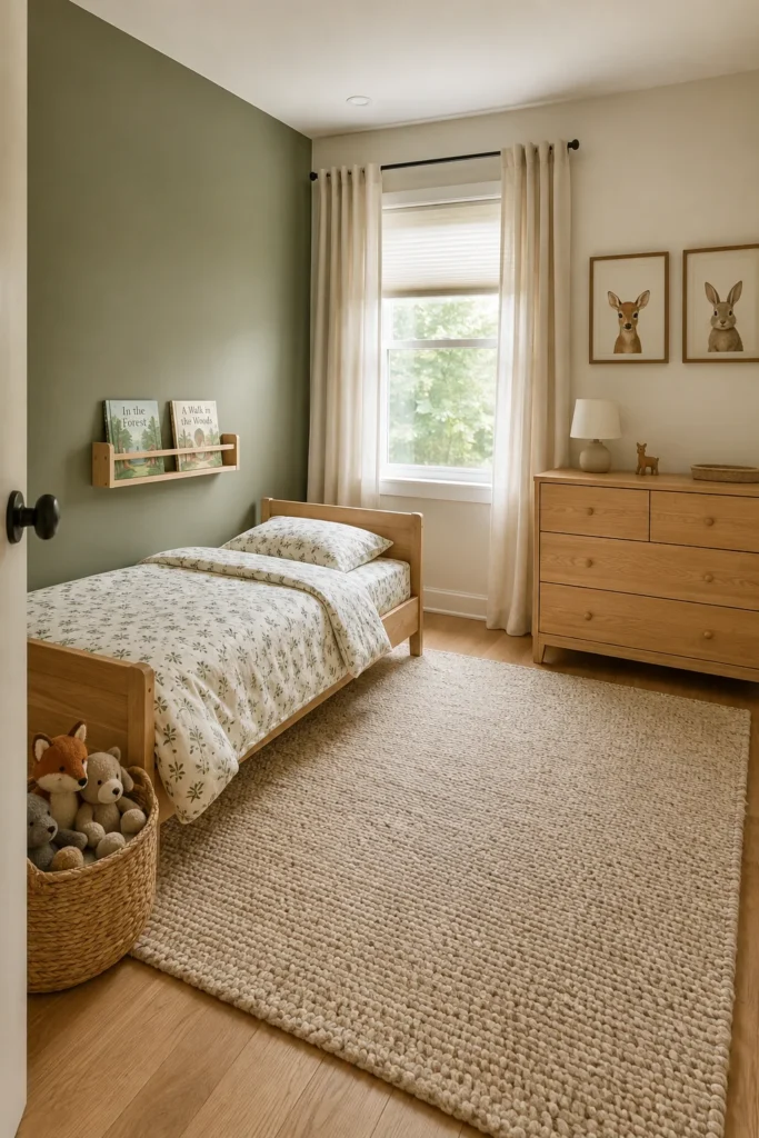 Woodland toddler bedroom with moss green wall, cream leaf bedding, fox and bear artwork, and woven storage.
