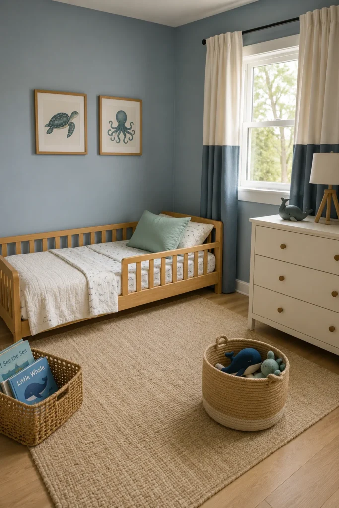 Dusty blue ocean toddler bedroom with whale artwork, sea-green accents, sandy rug, and natural oak bed.