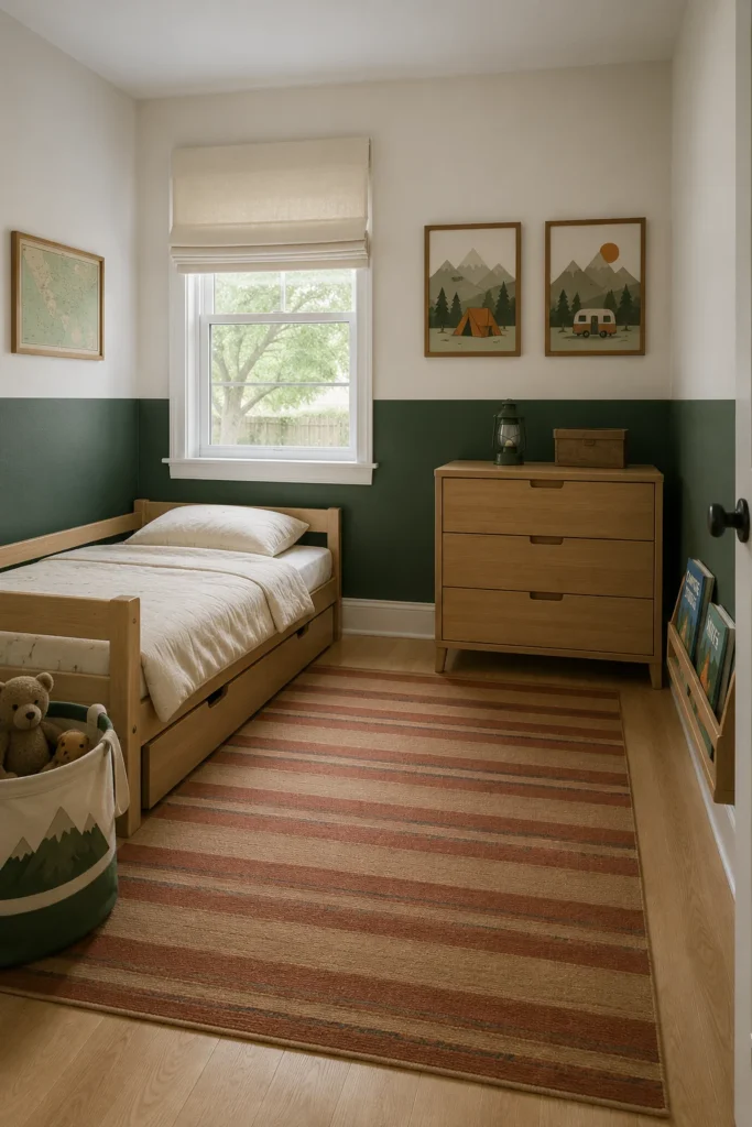 Camping adventure toddler bedroom with forest green color-block wall, striped rug, and mountain illustrations.