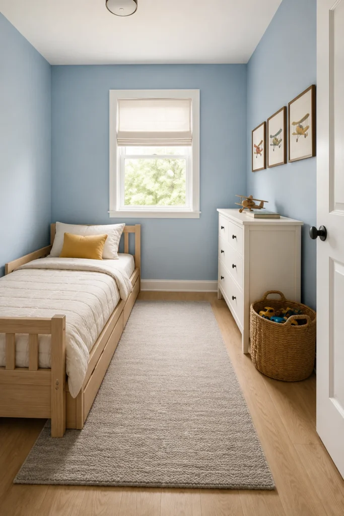 Sky blue airplane toddler bedroom with light wood bed, warm gray rug, and framed airplane illustrations.