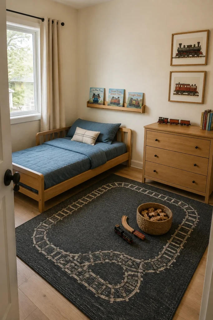 Train-themed toddler bedroom with railway track rug, wooden train toys, and picture-book display.