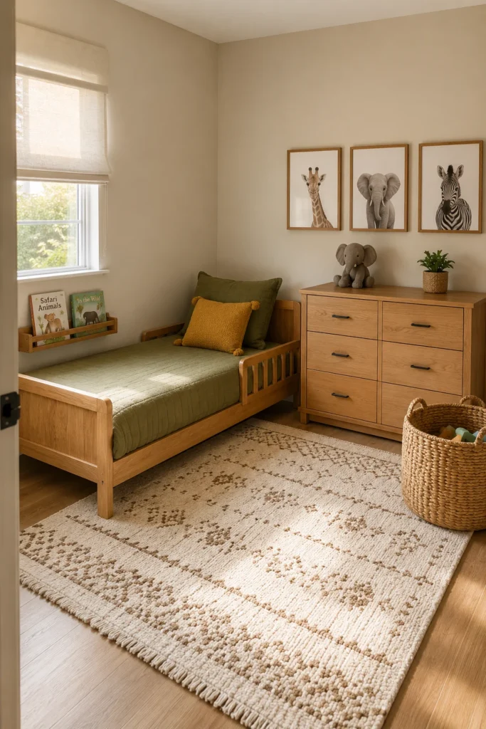Safari toddler bedroom with sandy beige walls, olive bedding, ochre accents, and wild animal illustrations.