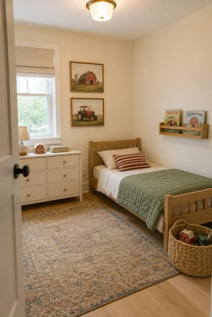 Farm-themed toddler bedroom with sage quilt, muted red accents, barn artwork, and wooden farm toys.