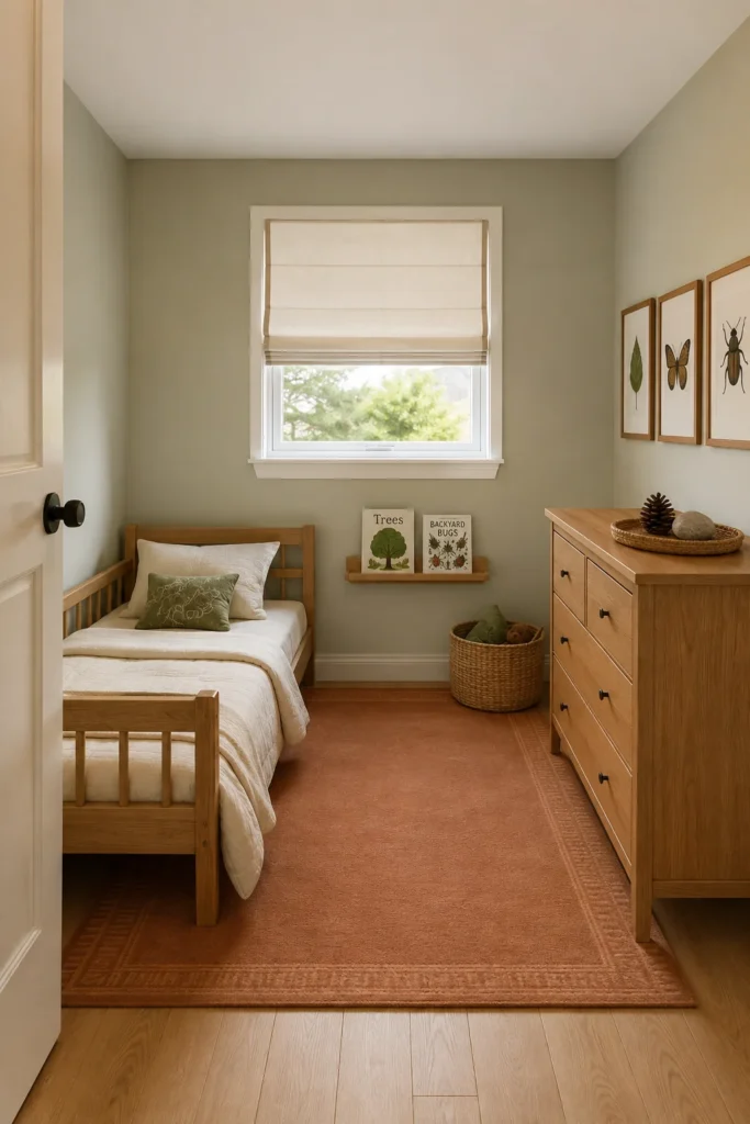 Nature explorer toddler bedroom with sage walls, butterfly and beetle artwork, clay rug, and children's nature books.