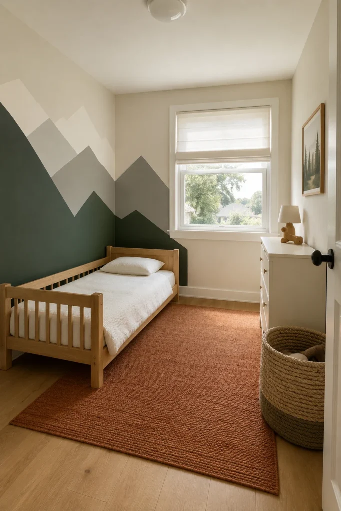 Mountain-themed toddler bedroom with painted green and gray mountain silhouettes, oak bed, and rust rug.