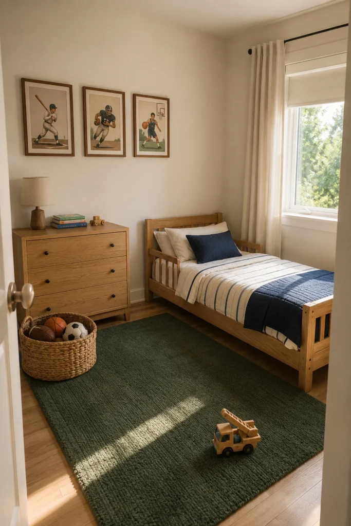 Sports-themed toddler bedroom with navy striped bedding, vintage sports illustrations, and basket of soft balls.