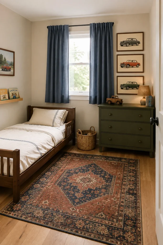 Vintage car toddler bedroom with walnut bed, denim blue curtains, rust rug, and classic car artwork.