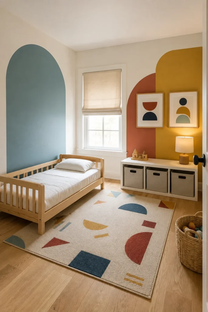 Colorful geometric toddler bedroom with teal painted arch, mustard accents, patterned rug, and wooden furniture.