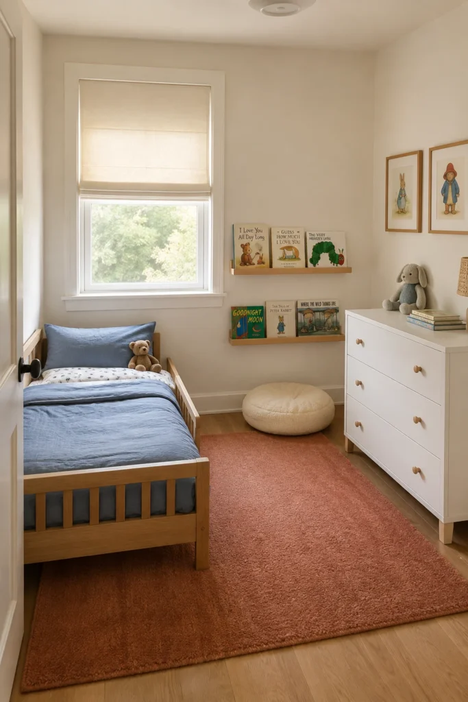 Storybook toddler bedroom with front-facing book ledges, dusty blue bedding, rust rug, and floor reading cushion.
