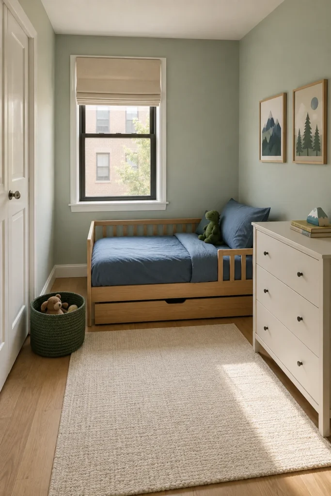 Small blue and green adventure toddler bedroom with sage walls, compact bed, mountain prints, and practical storage.