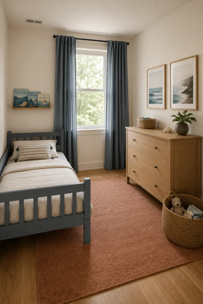 Soft coastal toddler bedroom with dusty blue bed, cream bedding, clay rug, and abstract ocean artwork.