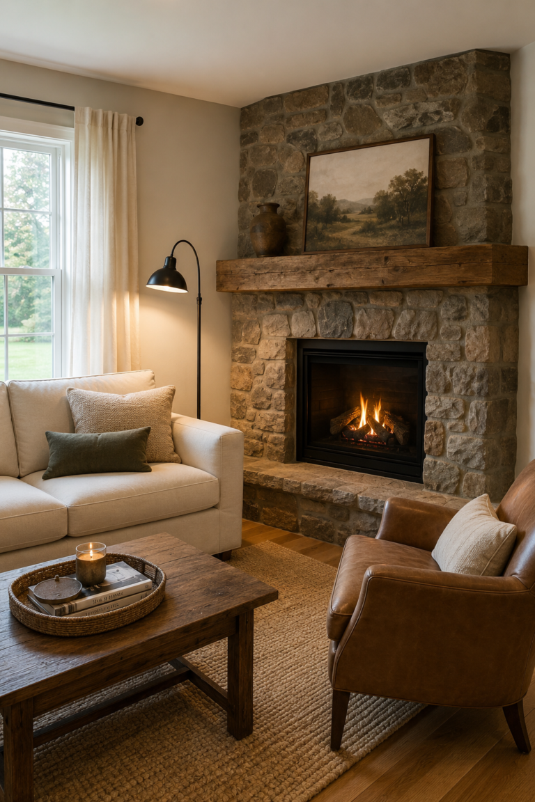 19 Corner Fireplace Ideas With Stone Mantels for a Cozy Living Room