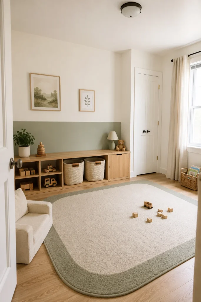 Small playroom with low toy storage wall and open central floor
