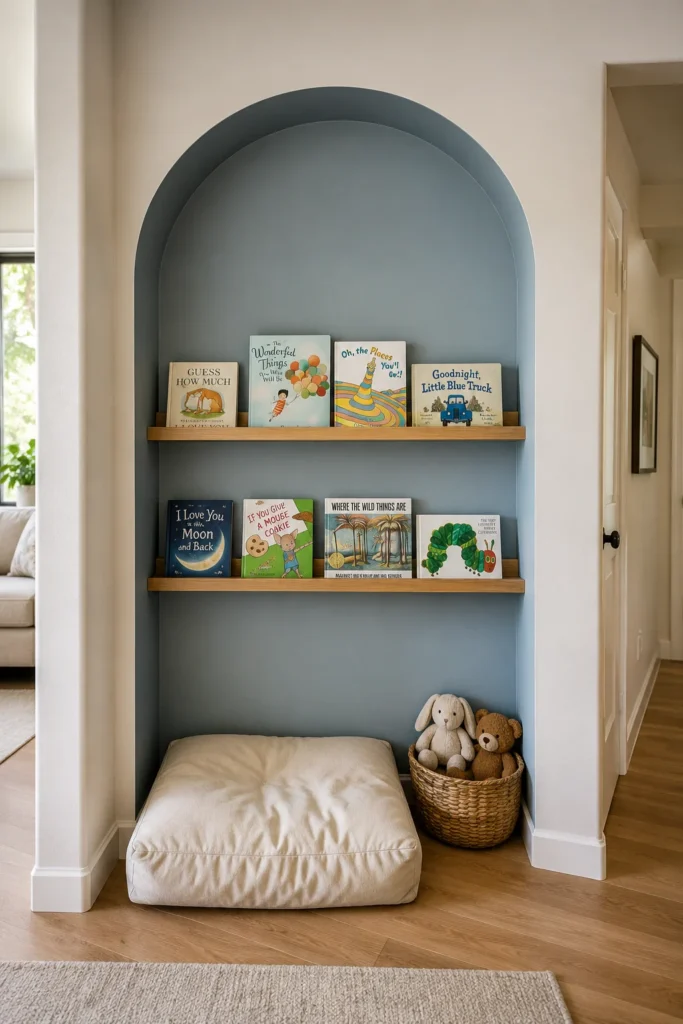 Small playroom alcove with book ledges and a floor cushion