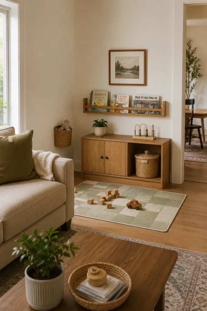 Living room play corner with closed toy cabinet and washable rug