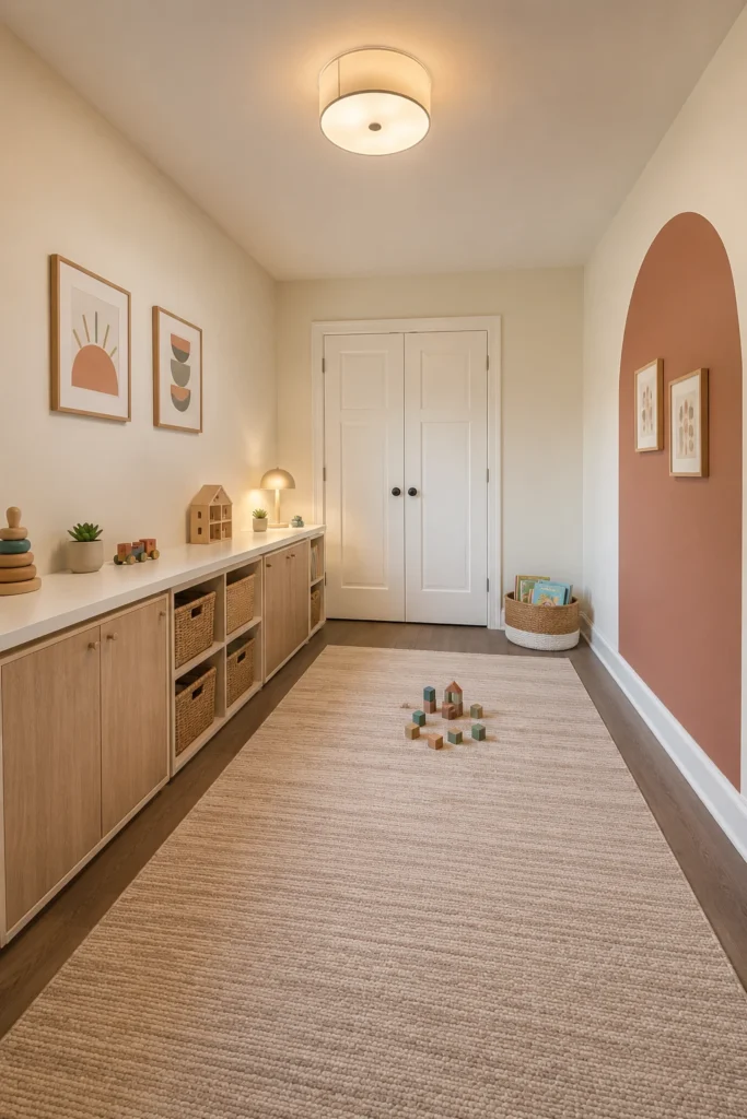 Narrow playroom with storage along one wall and clear floor space
