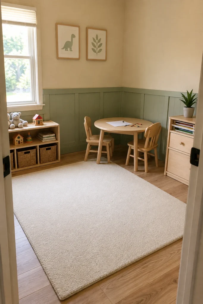Toddler activity corner with small wooden table and child size chairs