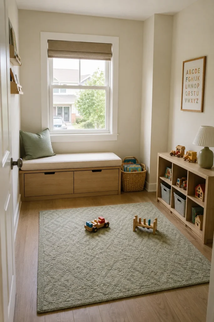 Small playroom window seat with toy storage and reading cushions