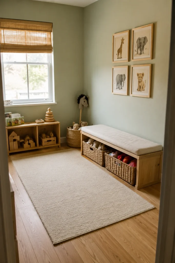 Small wooden playroom bench with toy storage baskets underneath