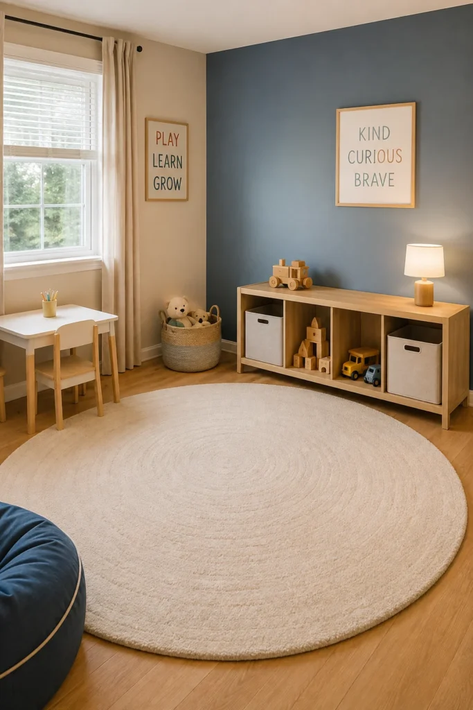 Small playroom with horizontal cube storage and fabric toy bins