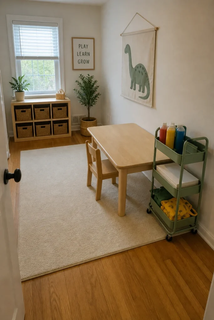 Rolling art supply cart beside a small toddler activity table