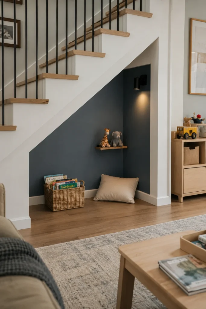 Under stair play nook with floor cushion and children's book basket