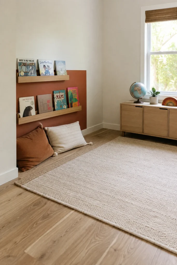 Toddler reading corner with floor cushions and low book storage