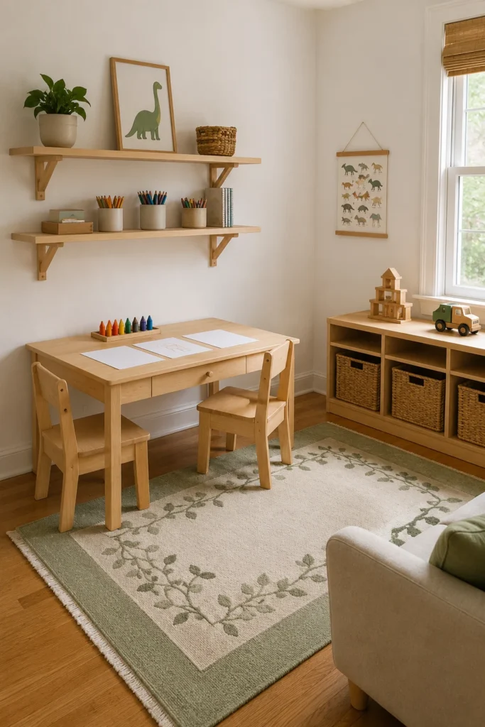 Small toddler art station with wall mounted craft supply storage