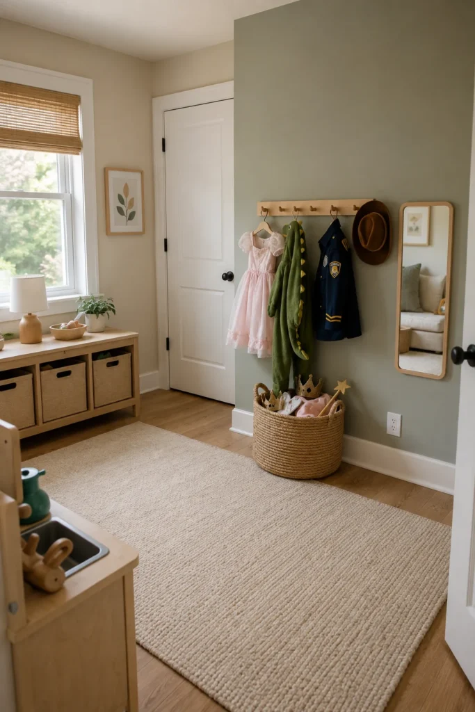 Toddler dress up corner with costume hooks and accessory basket