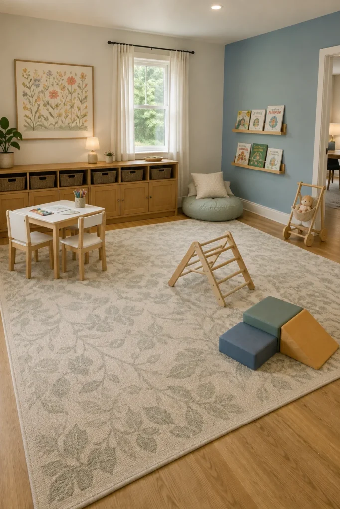 Small dayhome playroom with separate activity zones and shared floor space