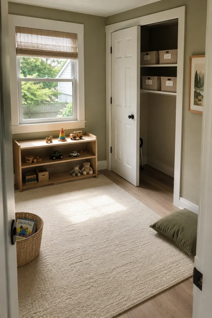 Toy rotation closet with organized storage bins and seasonal toy categories