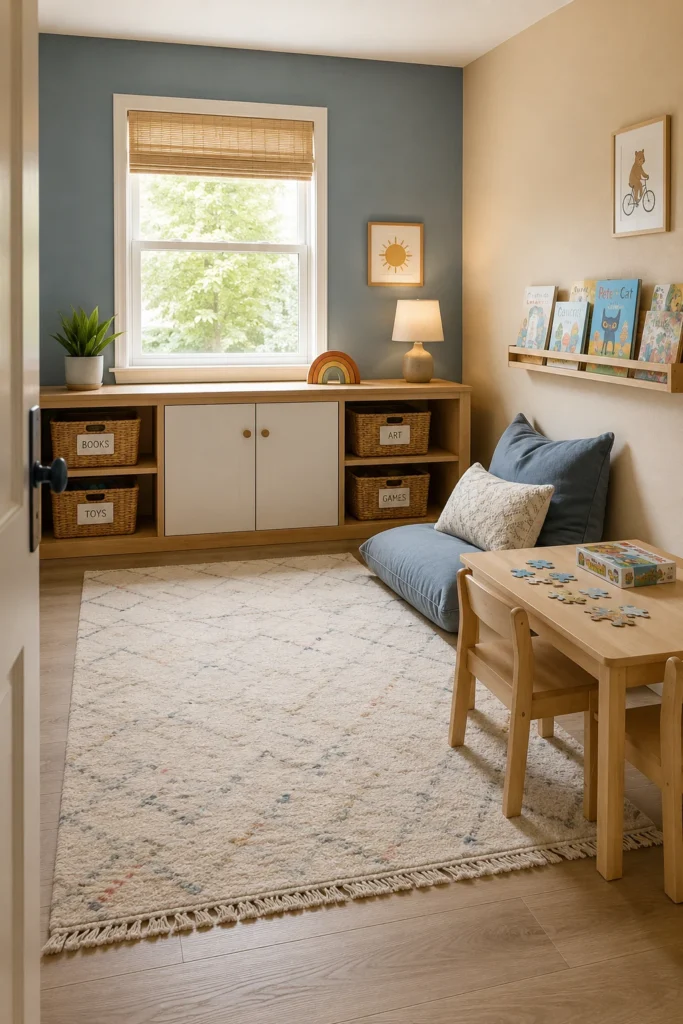 Shared sibling playroom with separate activity corners and common toy storage
