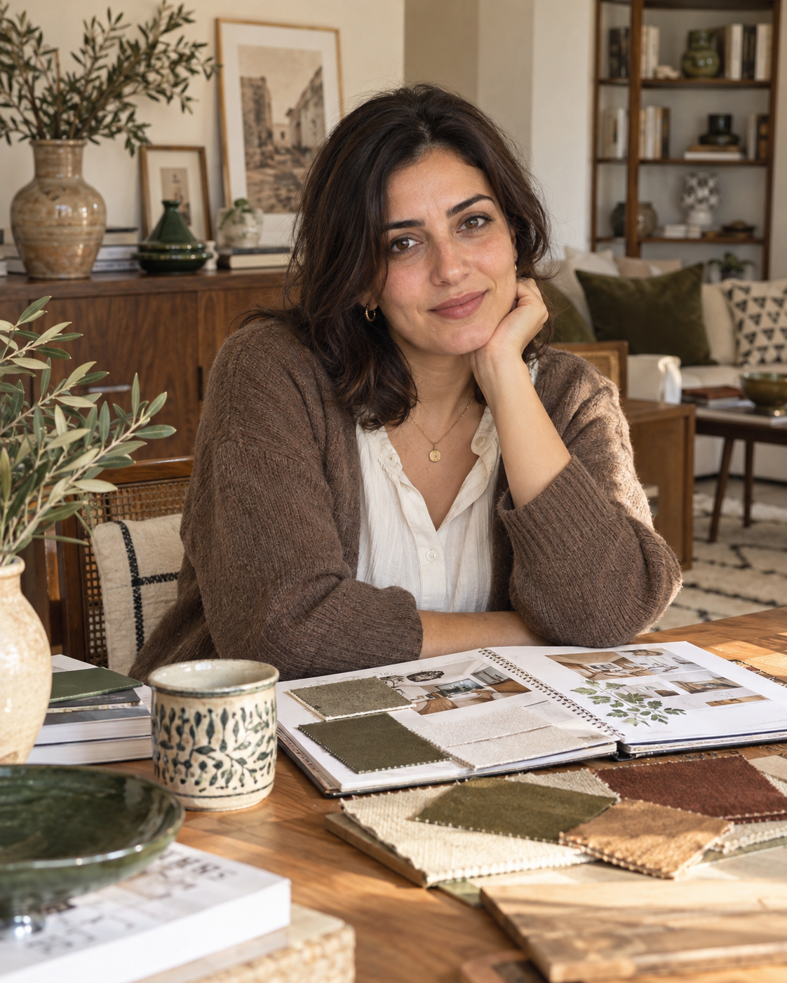 Editorial illustration of Claire Morgan, fictional author persona of The Decors Haven, in a warm creative workspace